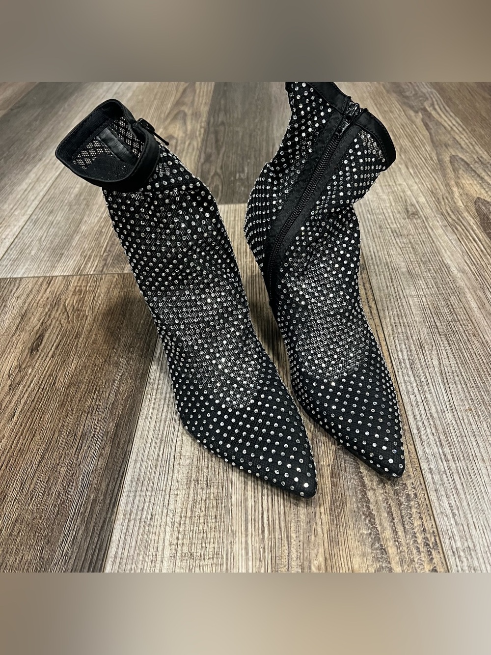 Open Edit Black Rhinestone Mesh Pointed Toe Ankle Heels Size 8.5